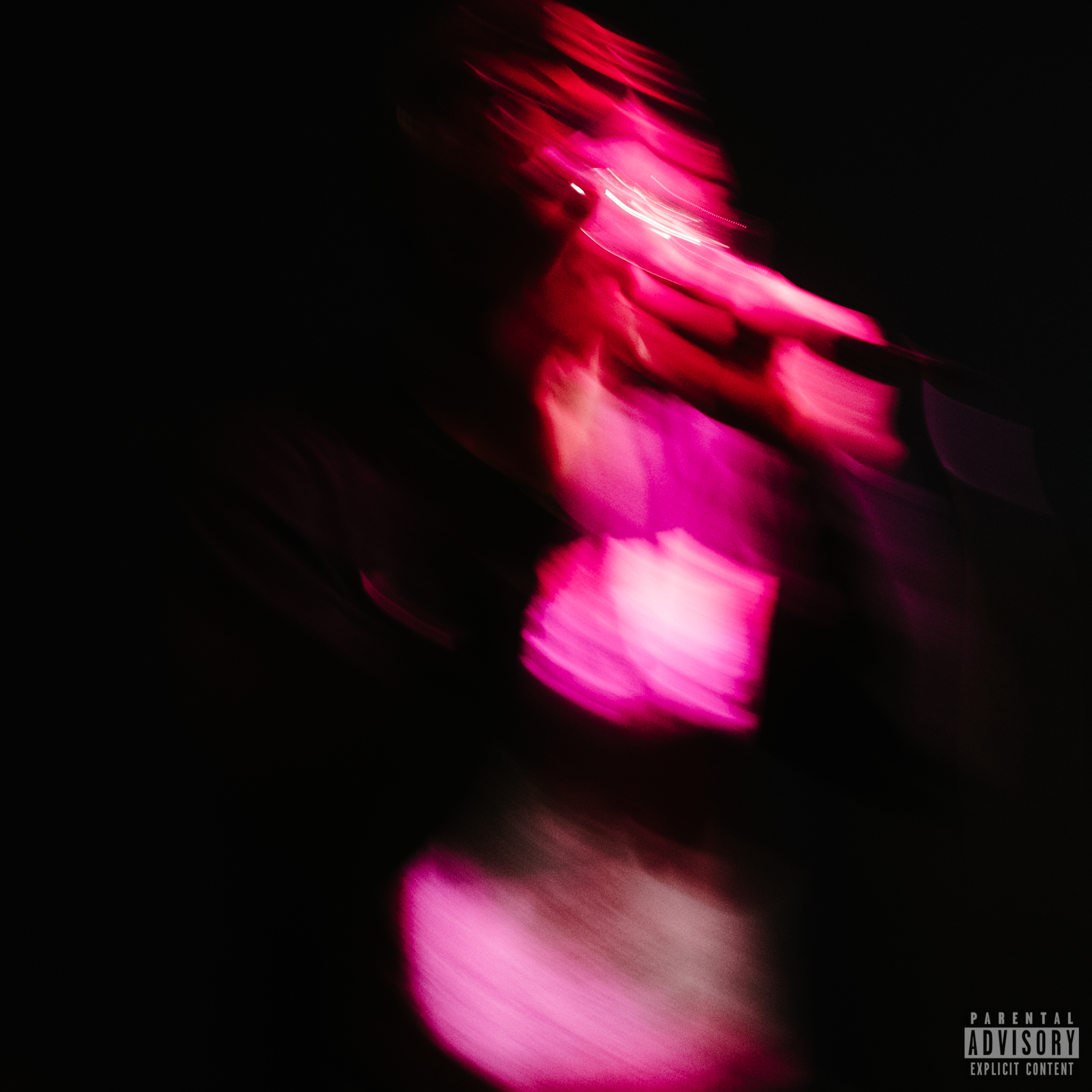 Abstract digital artwork with flowing pink and purple light streaks on a black background, with parental advisory label in the bottom right corner.