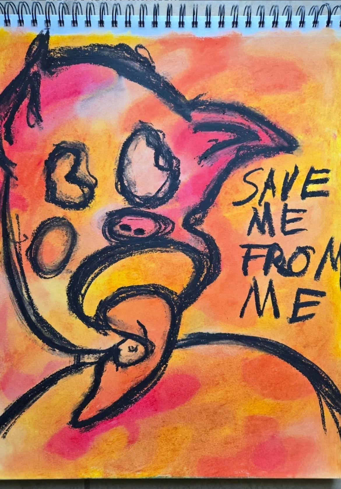 A colorful abstract drawing of a pig with the words "Save Me From Me" written beside it.