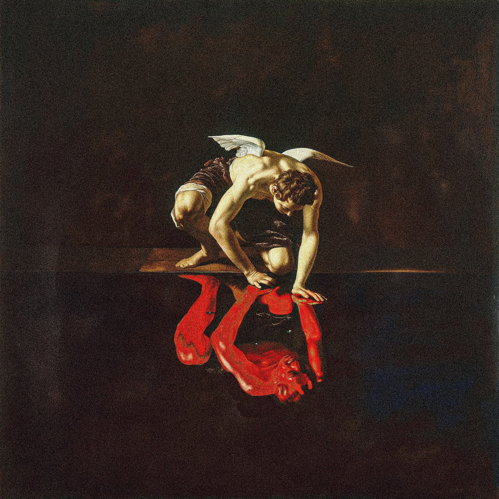 A sculpture of a man with curly hair, wearing a loose shirt, bent over on a red base, set against a black background.