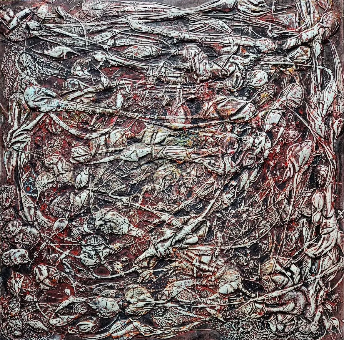 Abstract artwork featuring chaotic intertwining lines, shapes, and textures with a predominantly metallic and red color palette.
