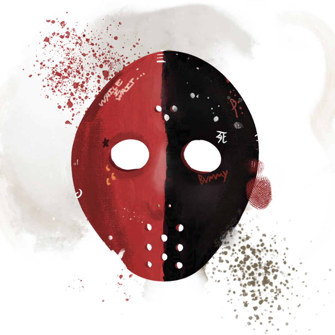 A split-colored mask with a red left side and black right side, featuring various graffiti-style writings and symbols, including 'WHERE YOU AT' and 'Bunny'.