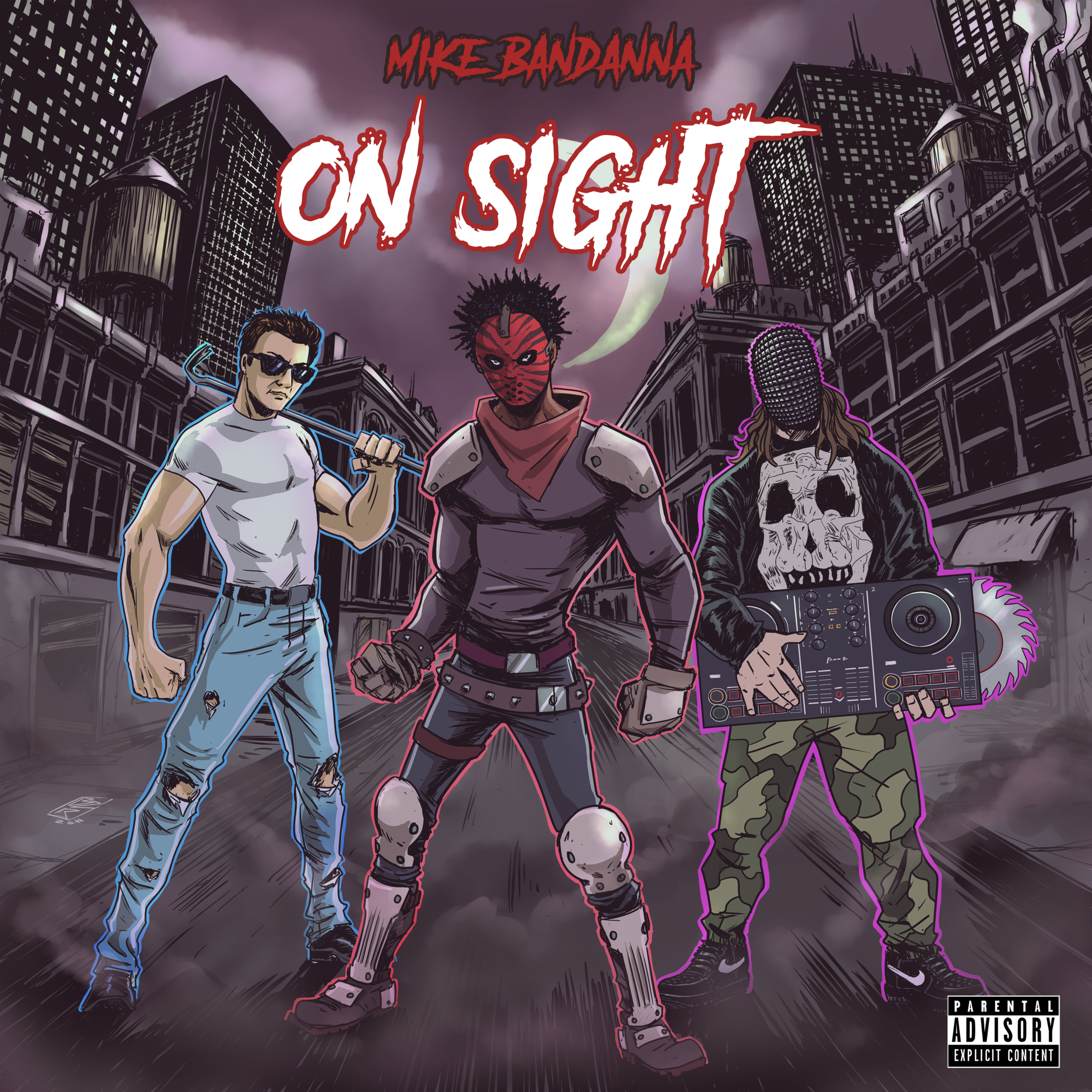 Album cover art featuring three stylized characters standing on a city street at night with dark clouds and skyscrapers. The text 'MIKE BANDANNA ON SIGHT' is written in bold red and white letters across the top. A parental advisory label is in the bottom right corner.