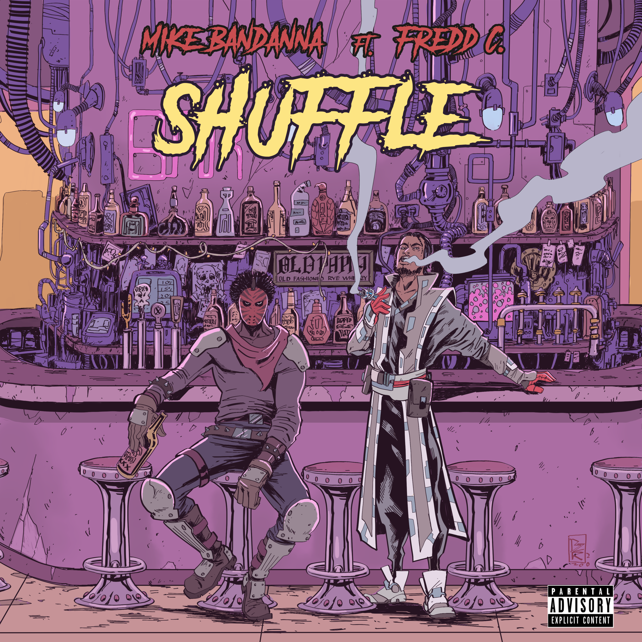 Illustration of a bar scene with two characters in front. The background features a purple wall with pipes, bottles, and various bar items. The character on the left has robotic limbs and a headband with spikes, wearing dark clothing. The character on the right has glasses, a beard, and is smoking a cigarette, dressed in a striped shirt and white jacket.