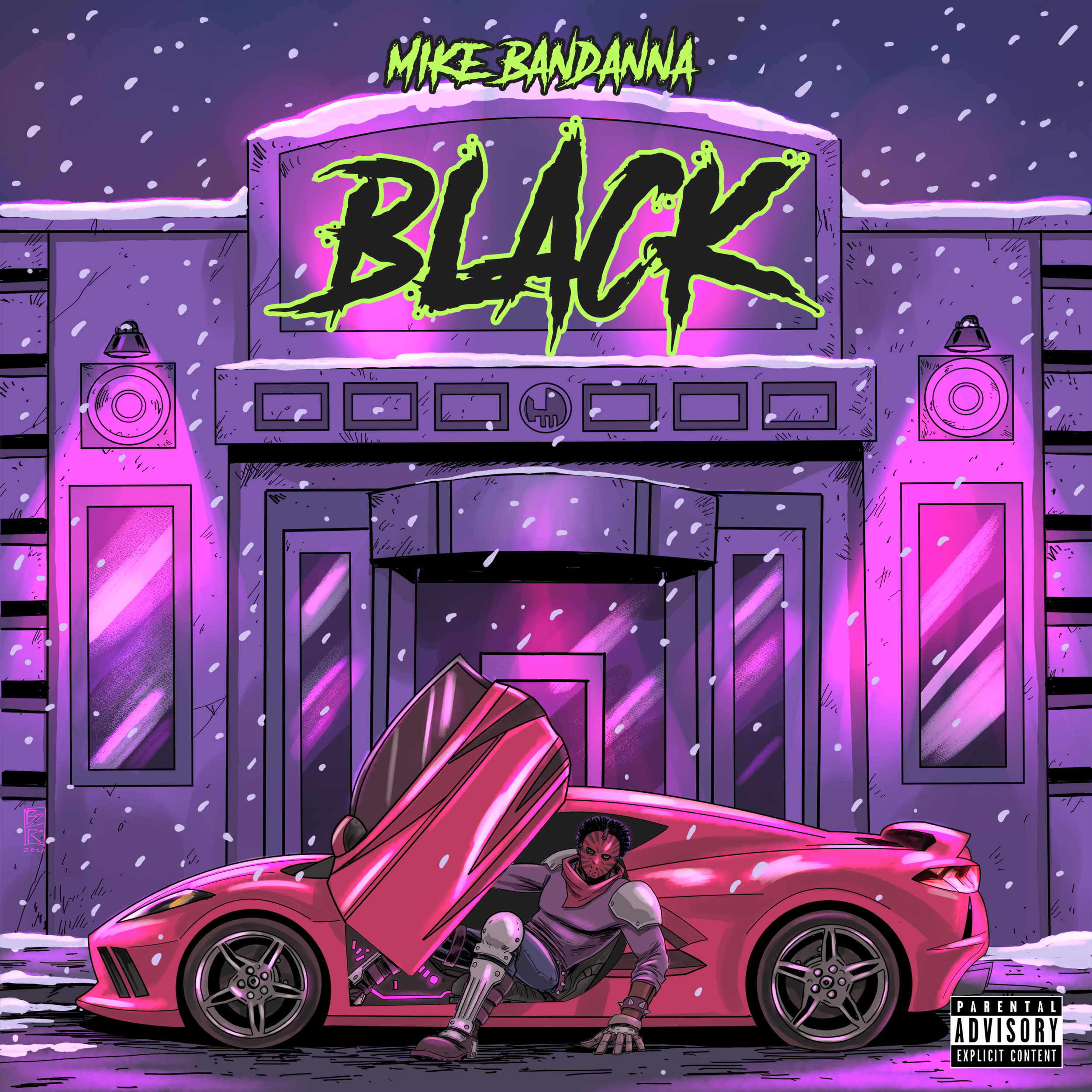 An animated illustration of a person with a robotic arm leaning against a bright pink sports car parked on a wet street during snowfall at night. The background features a city building with neon lights and the word "BLACK" in large graffiti-style letters, with "MIKE BANDANA" displayed above.