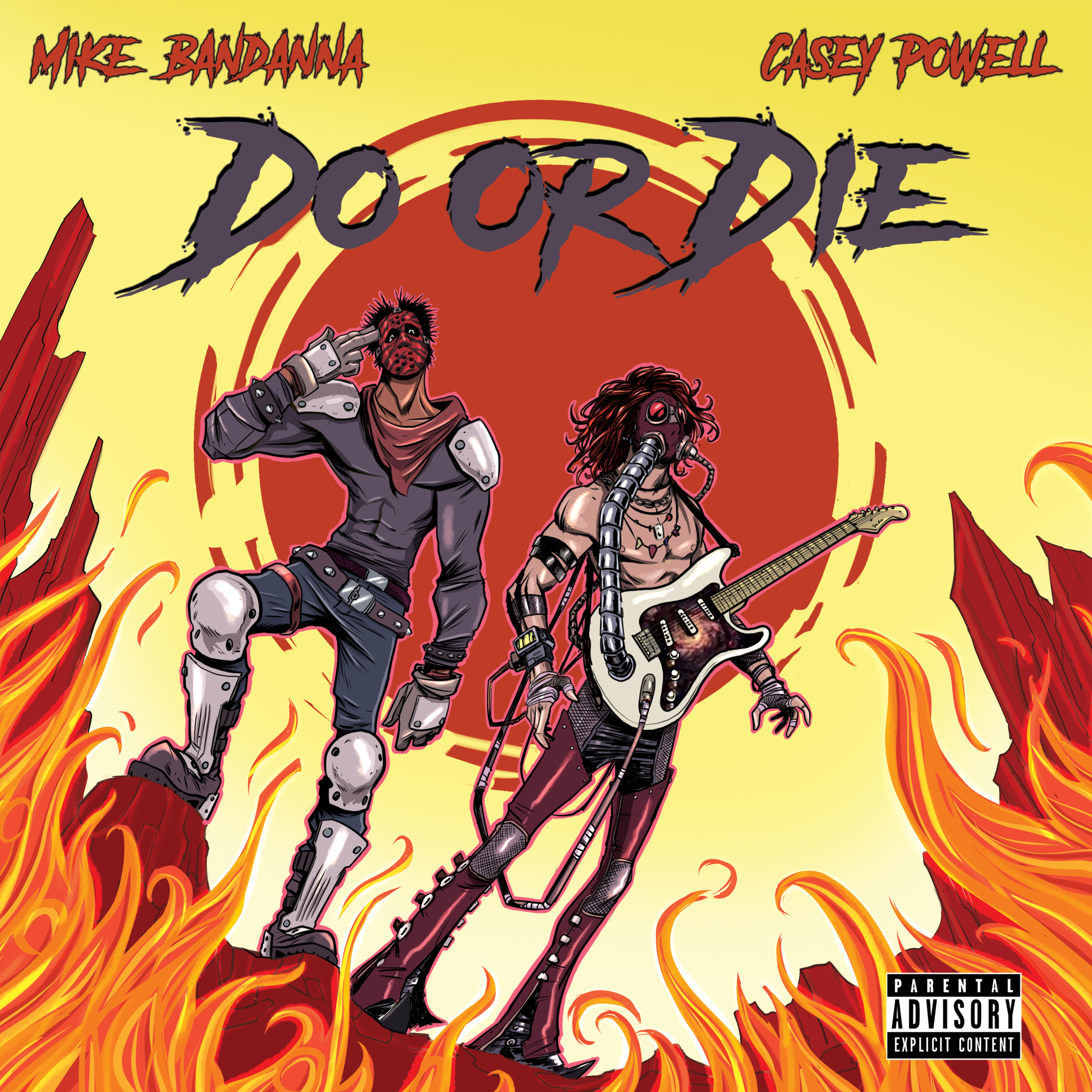 An animated illustration of a man and woman standing on a fiery, swirling background with a large red circle. The man is wearing a mask, a jacket with metal plates, and is saluting. The woman has long hair, wears dark clothing, and holds a guitar. The top features the names 'Mike Bandanna' and 'Casey Powell' in red, stylized font. A parental advisory label is in the bottom right corner.