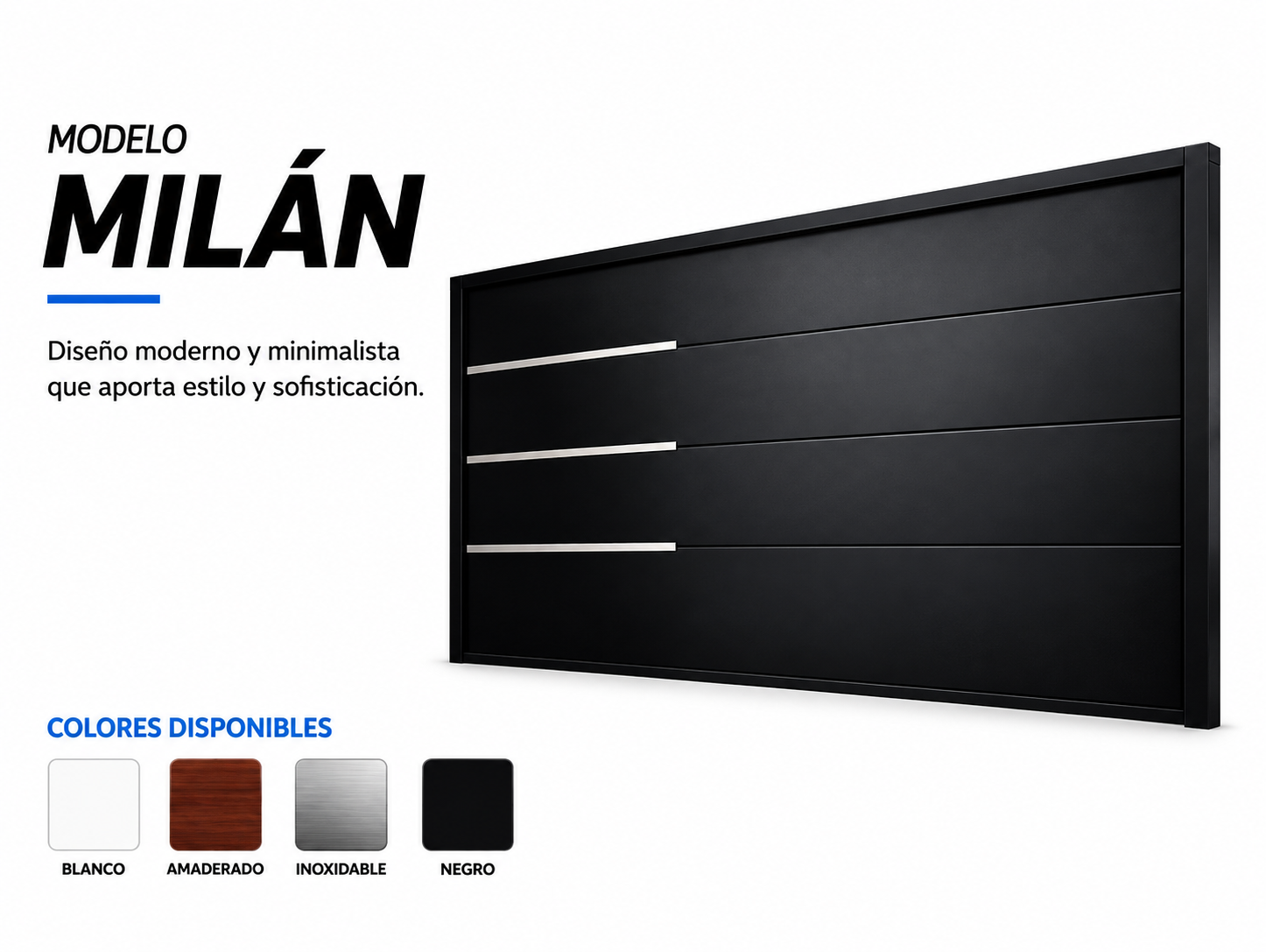 Publicidad de un modelo de puerta o cabina llamada 'Milán', con diseño moderno y minimalista, de color negro y disponible en blanco, madera, inoxidable y negro.