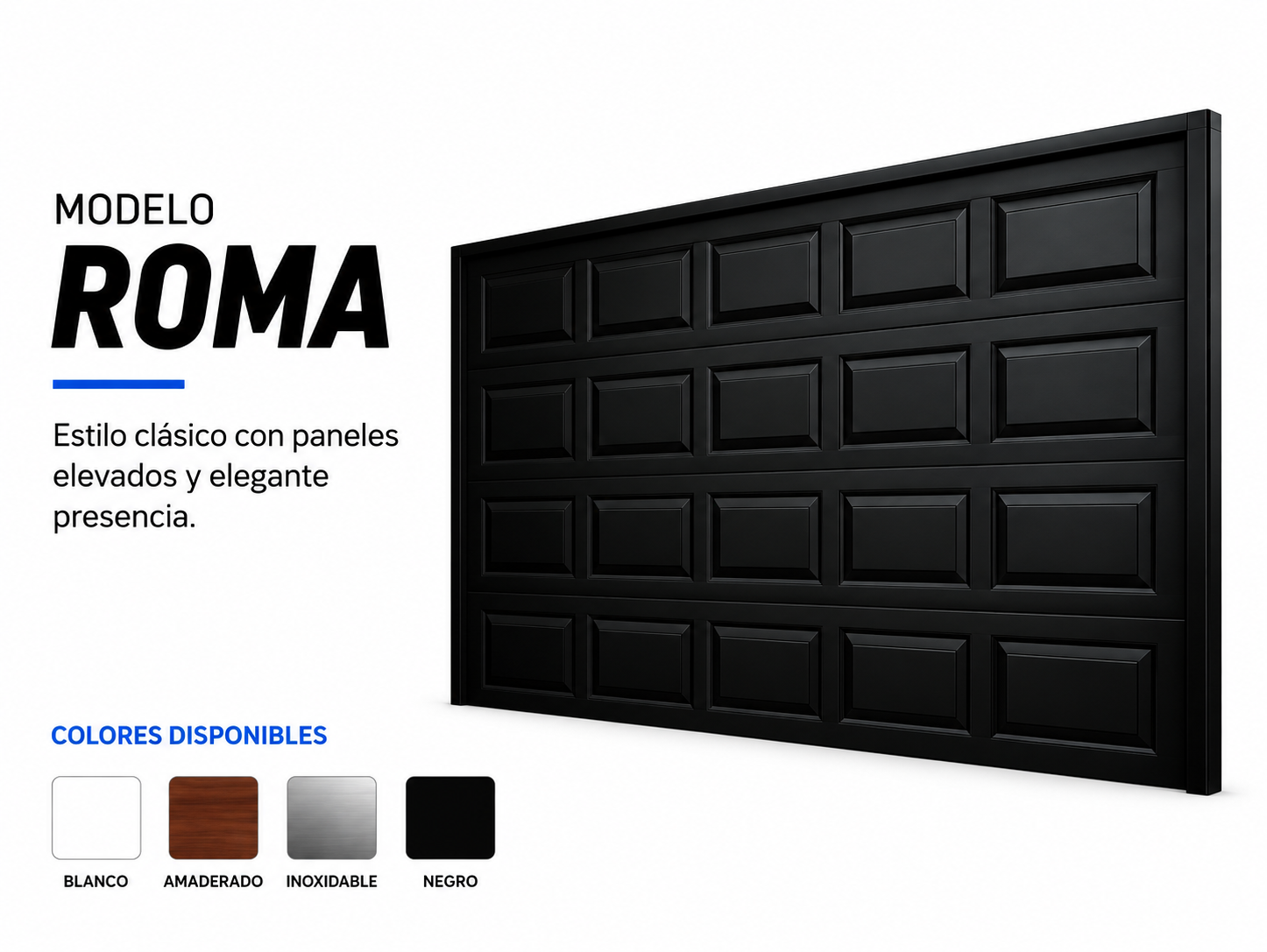 Puerta de garaje de paneles elevados en color negro, con estilo clásico.