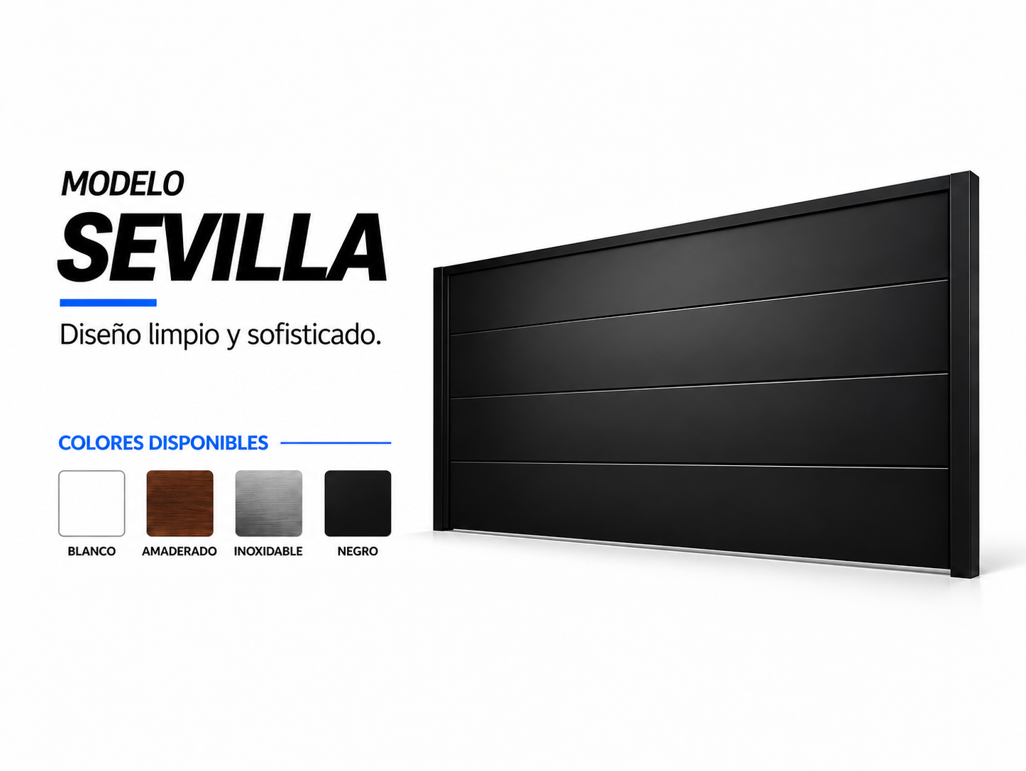 Publicidad de un modelo de garaje llamado Sevilla en color negro, con opción de colores blanco, madera, inoxidable y negro, y un diseño limpio y sofisticado.
