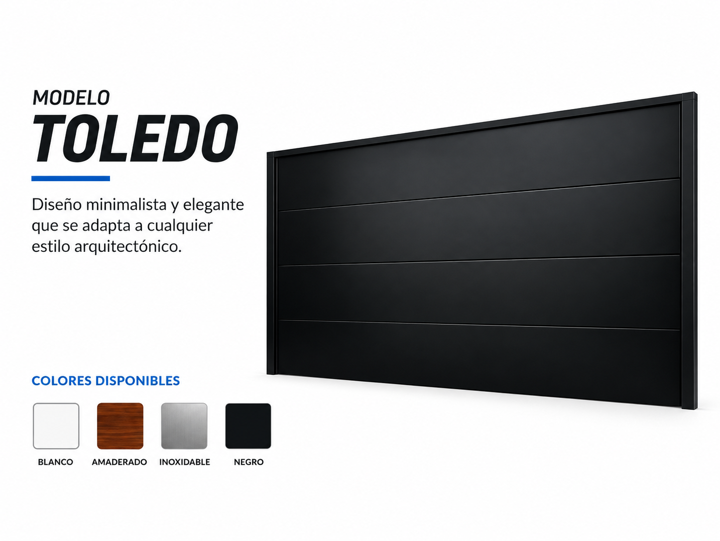 Publicidad de un modelo de puerta llamada Toledo con diseño minimalista y elegante, en color negro, con opciones de colores disponibles que incluyen blanco, madera, inoxidable y negro.