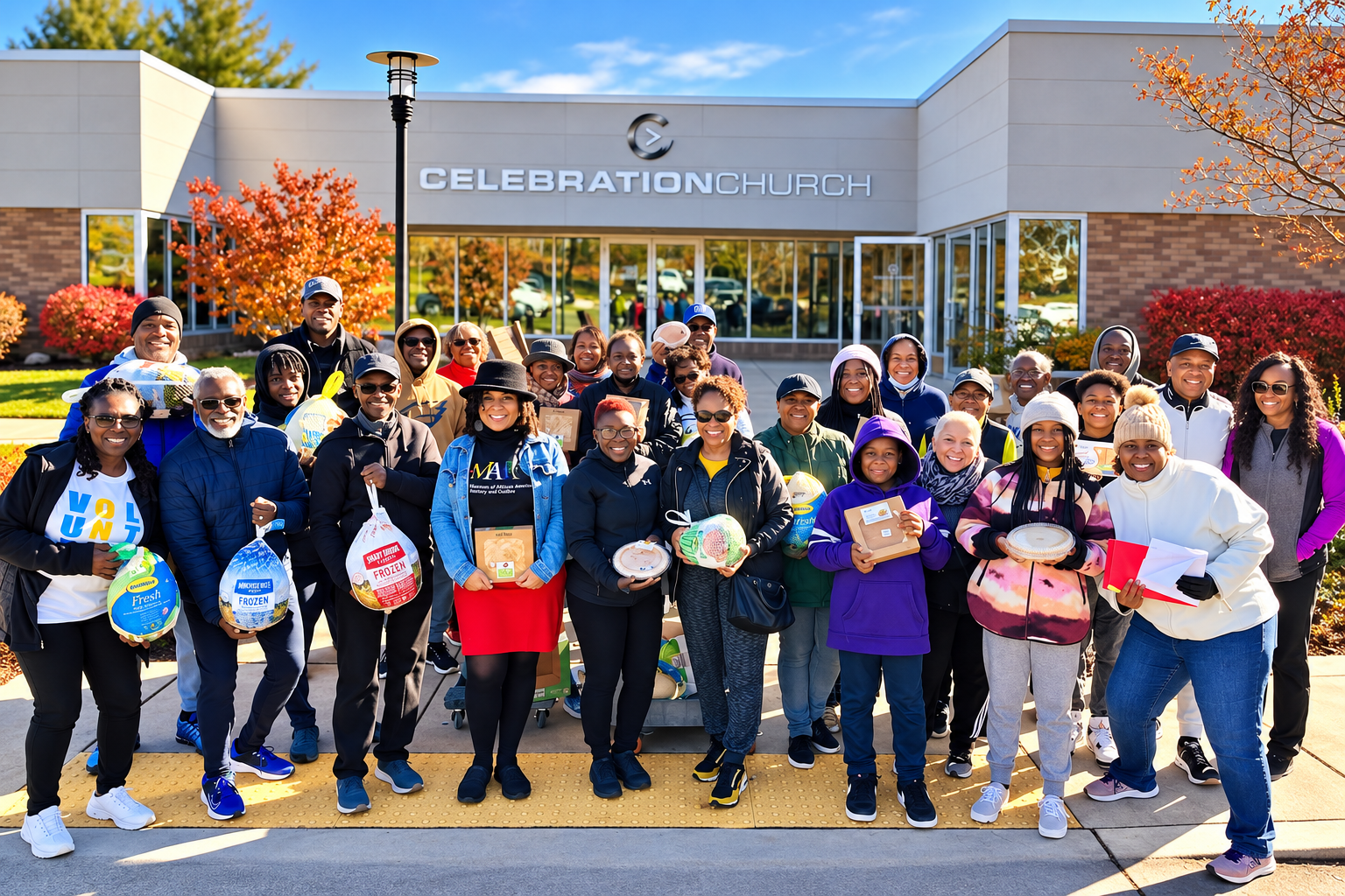 Group of diverse people standing outside Celebration Church, holding food items and smiling