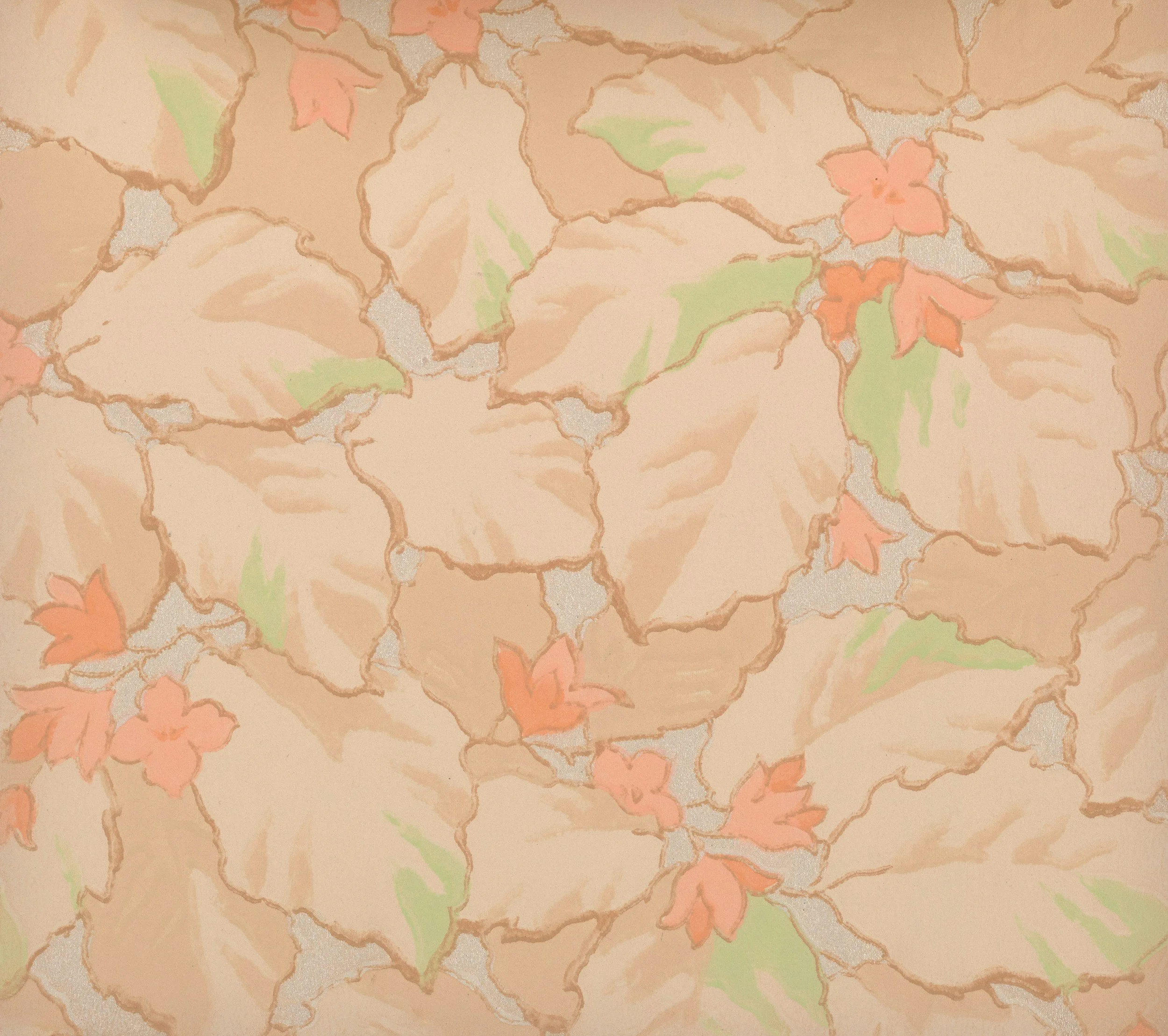 Close-up of a decorative wallpaper with floral and vine patterns in soft pastel colors.