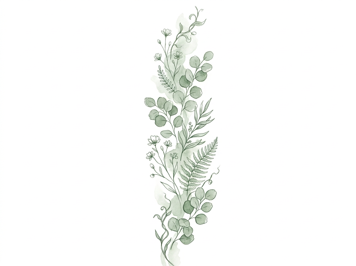 A vertical watercolor illustration of assorted green leaves and small branches, including ferns and rounded foliage, on a white background.