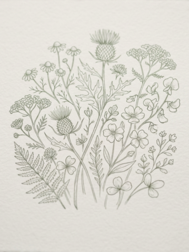 Line drawing of various wildflowers and plants, including daisies, Queen Anne's lace, and thistle on textured paper.