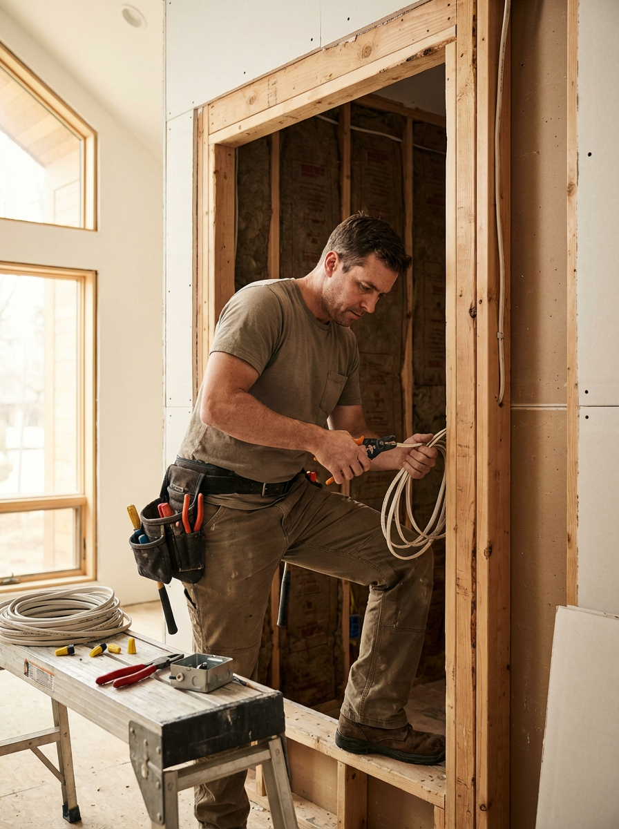 A man working on electrical wiring inside a home under construction.