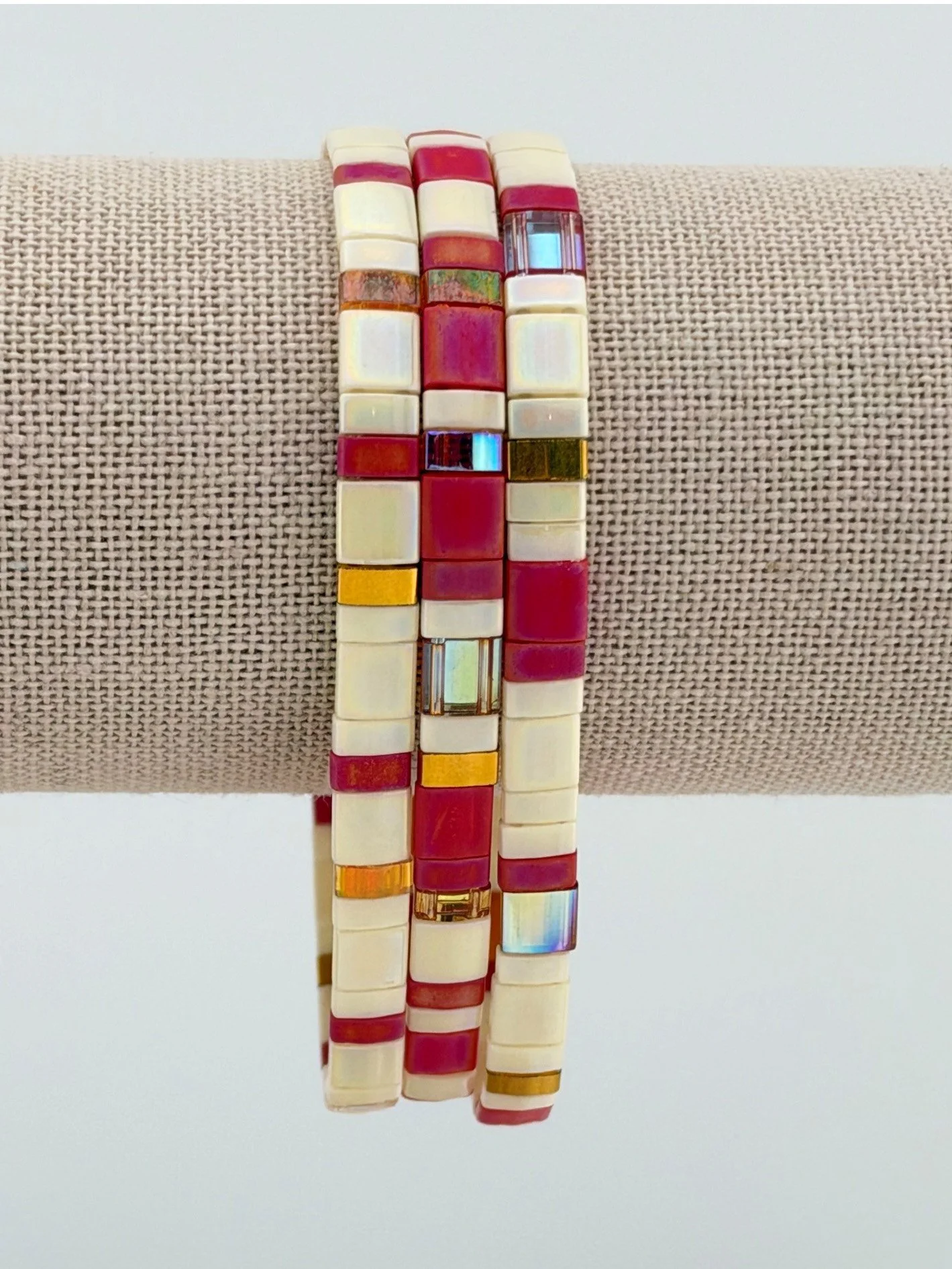 Think Pink 2026 three-bracelet Tila stack by Farrellia Studio