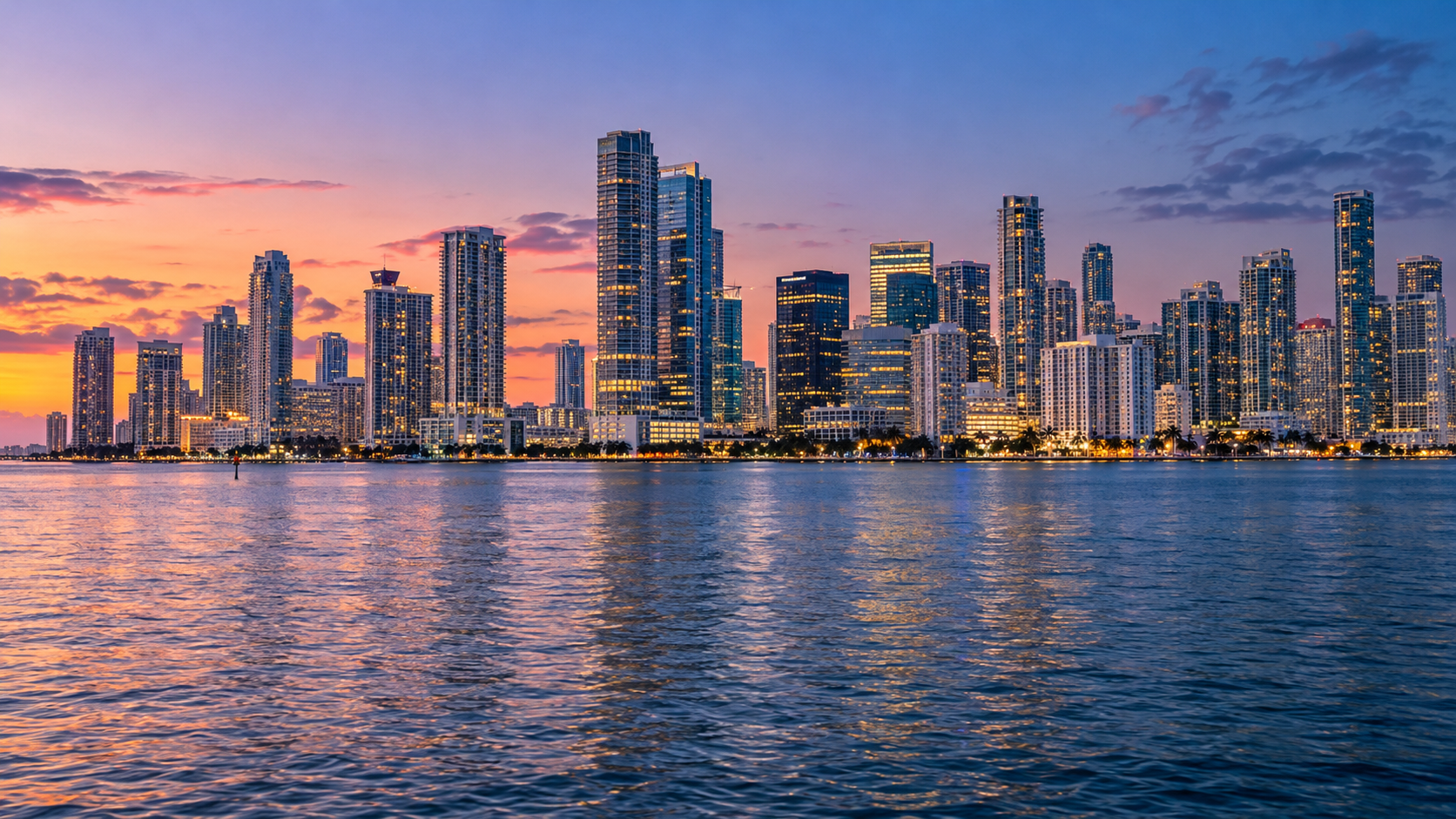 Postcard inspired Brickell skyline overlooking Biscayne Bay in Miami at Blue Hour