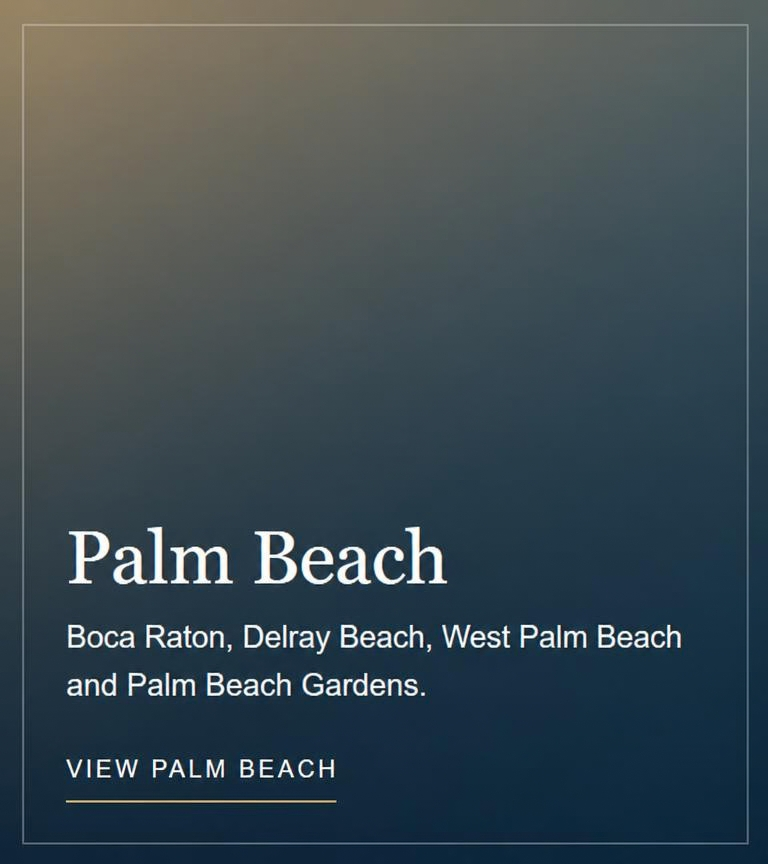 Text about Palm Beach, including Boca Raton, Delray Beach, West Palm Beach, and Palm Beach Gardens, with a blurred background and a link to view Palm Beach.