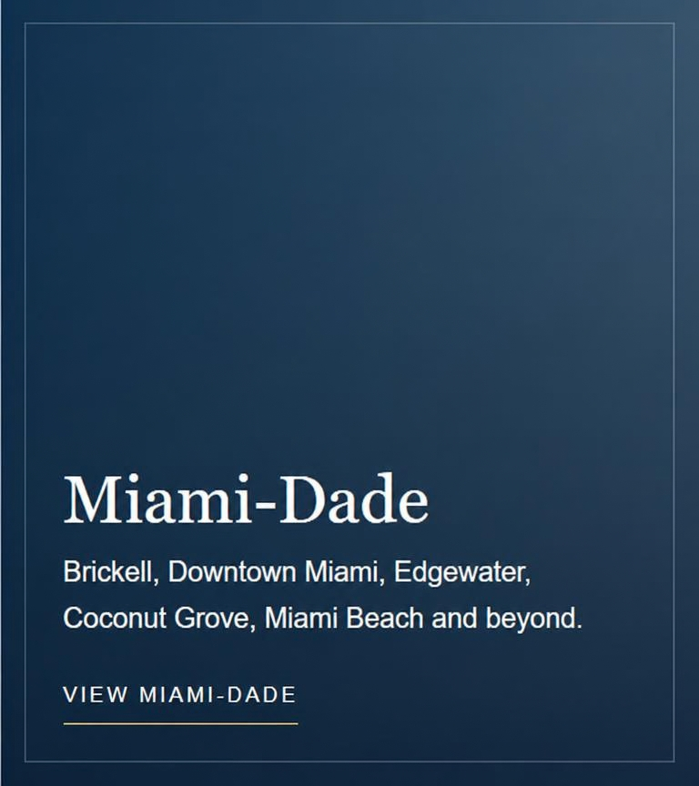 Book cover titled "Miami-Dade" with a dark blue background, listing areas such as Brickell, Downtown Miami, Edgewater, Coconut Grove, Miami Beach and beyond, with a "View Miami-Dade" link at the bottom.