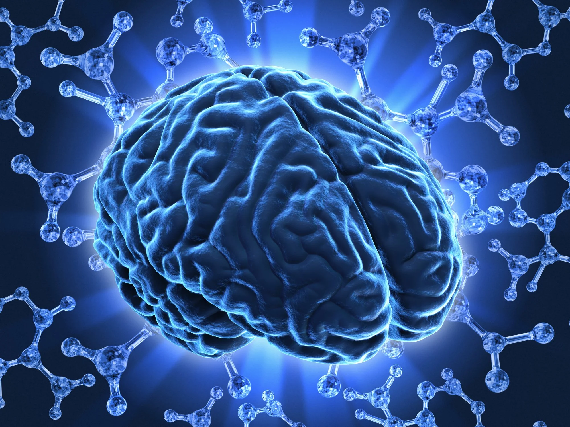 A digital illustration of a human brain surrounded by a network of molecular structures, glowing with blue light.