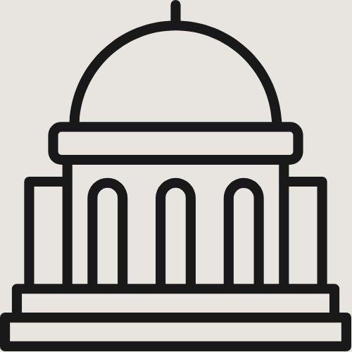 Outline drawing of a government or capitol building with a dome and columns
