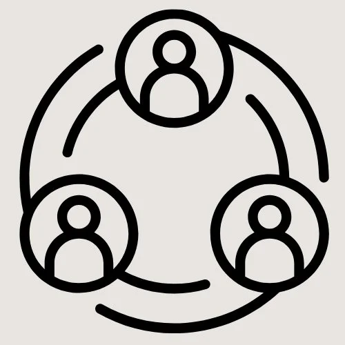 A simple black and white line drawing of three people connected by lines, forming a triangle.
