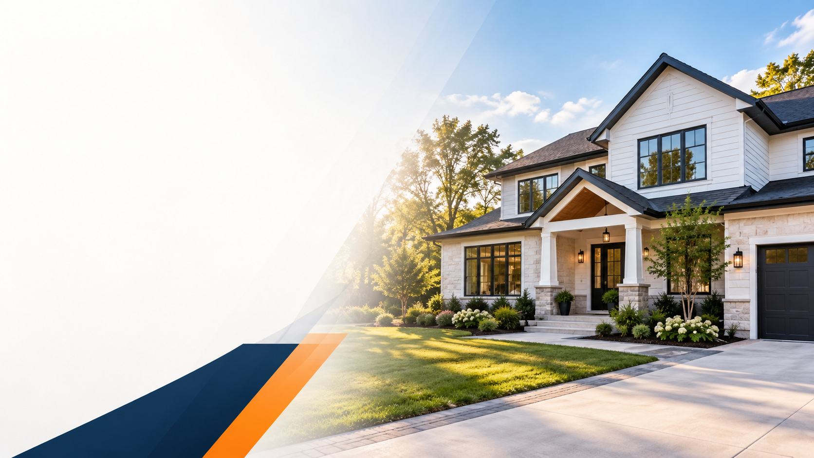 Beautiful modern house with white and grey exterior, front porch, well-maintained lawn, Trees, sunny sky and driveway.