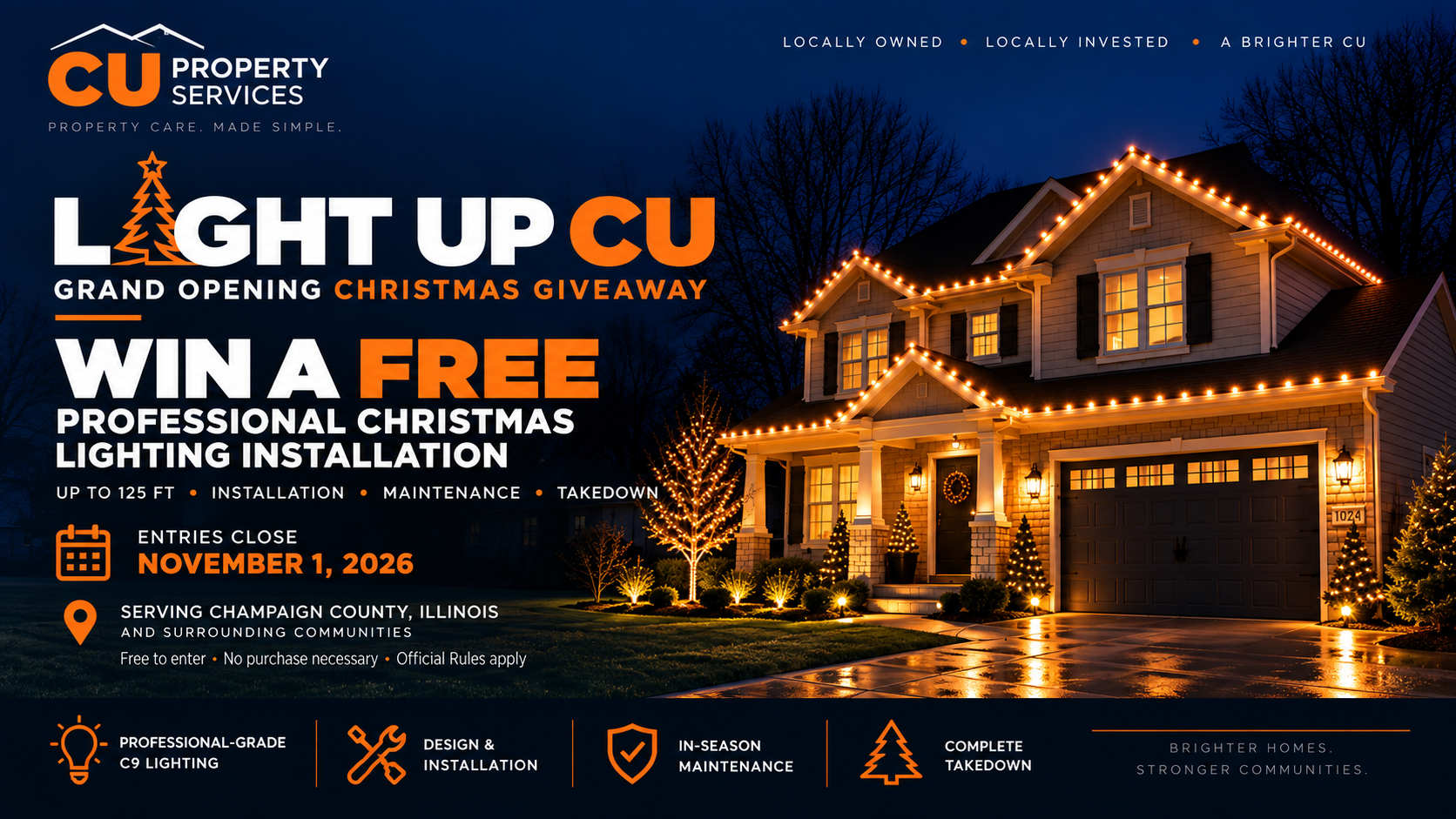 Promotional flyer for CU Property Services featuring a house decorated with Christmas lights at night, advertising a grand opening Christmas giveaway to win a free professional Christmas lighting installation, with details on date, location, and services offered.