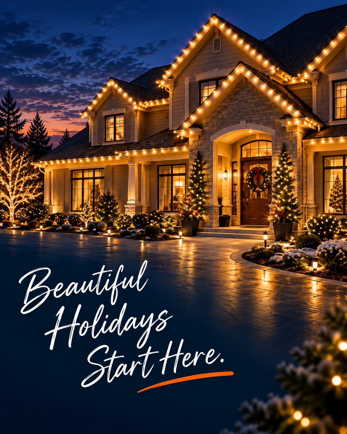 Professional Christmas lighting on a residential home beside the free quote request form.