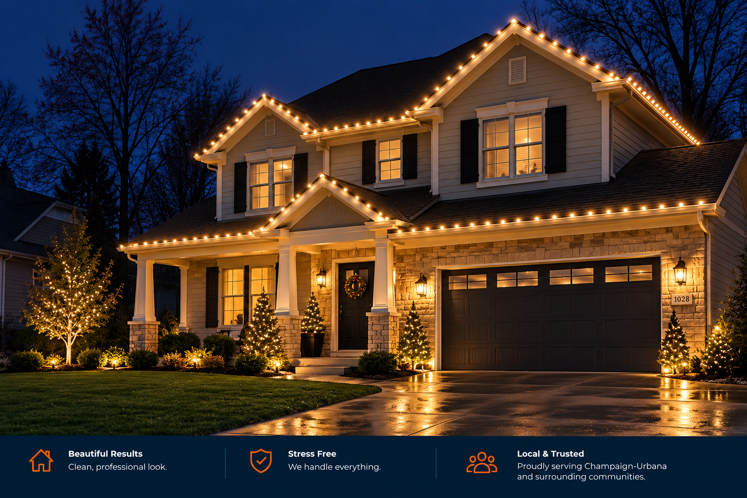 A two-story house at night decorated with Christmas lights outlining the roof, windows, and garage. The front yard features illuminated small Christmas trees and a well-maintained lawn.