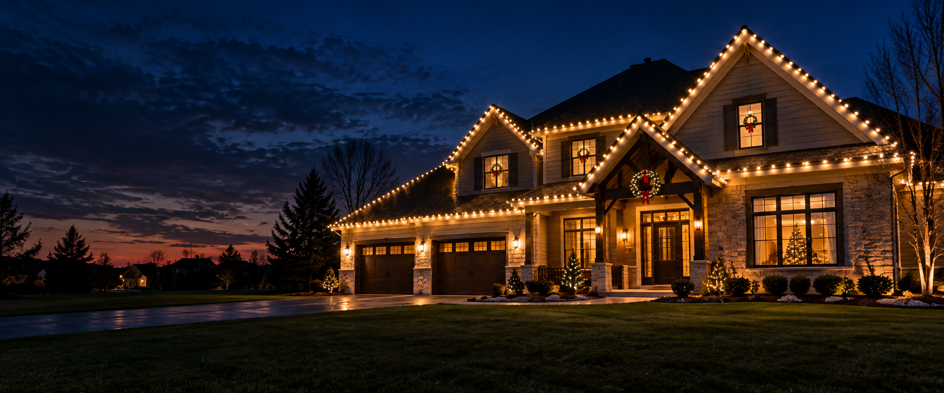 Professional Christmas light installation on a home in the Champaign-Urbana area.
