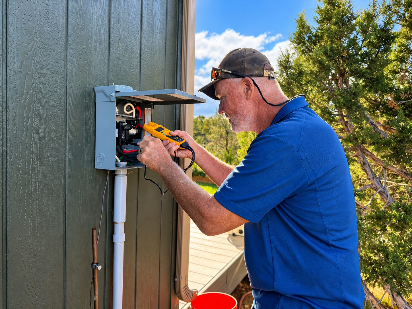A man in a blue shirt and cap working on an electrical box outside on a sunny day, using a multimeter for testing.