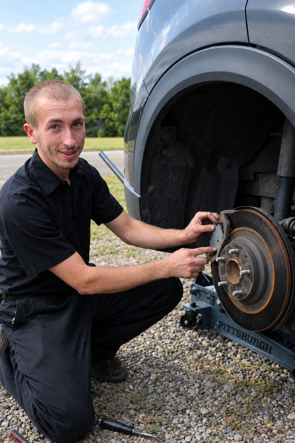 A man repairing a car's brake system outdoors, kneeling next to the front wheel with the tire removed, holding the brake caliper.