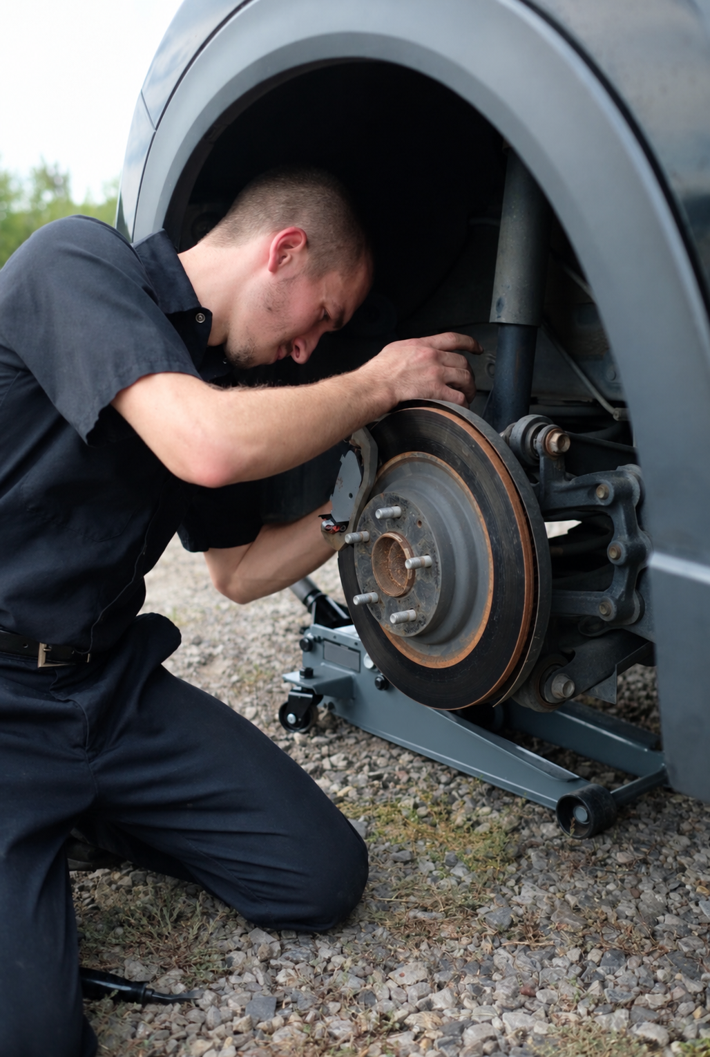 Mobile mechanic preforming a brake job in Russellville, Arkansas