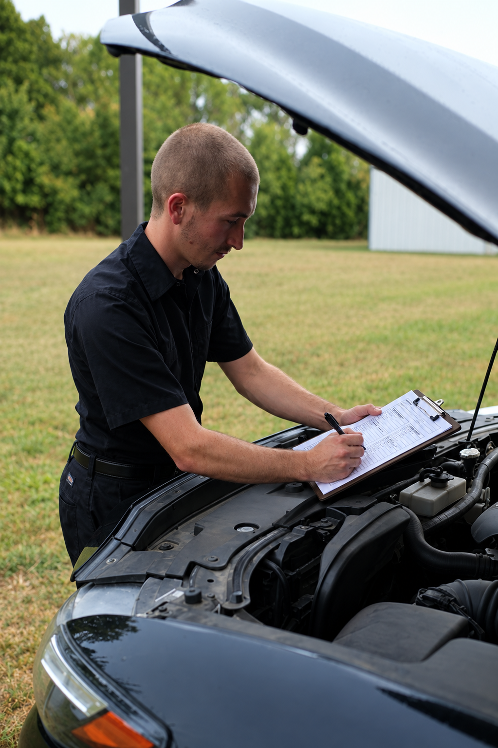 Mobile mechanic performing a vehicle inspection in Russellville, Arkansas