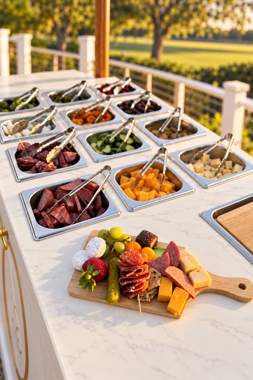 A charcuterie board with cheese, grapes, strawberries, and cured meats on a wooden board, in front of a buffet with various toppings including vegetables and meats, outdoors with trees and a fence in the background.