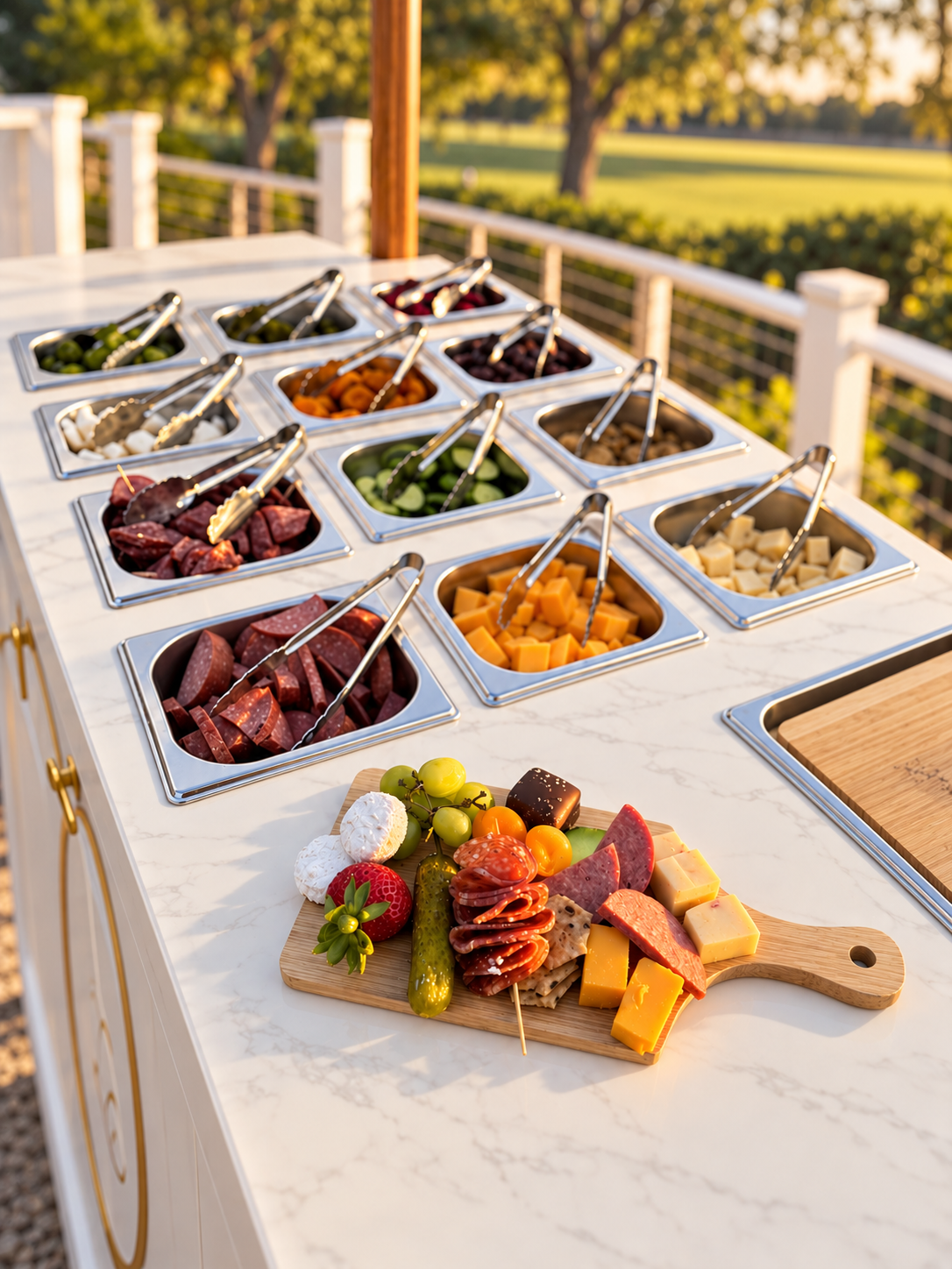Buffet table with various cheeses, meats, fruits, and vegetables, set outdoors with a scenic background of trees and fields during sunset.