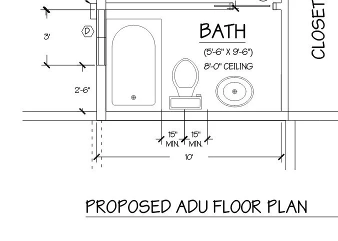 Residential accessory dwelling unit floor plan showing bathroom layout and dimensions