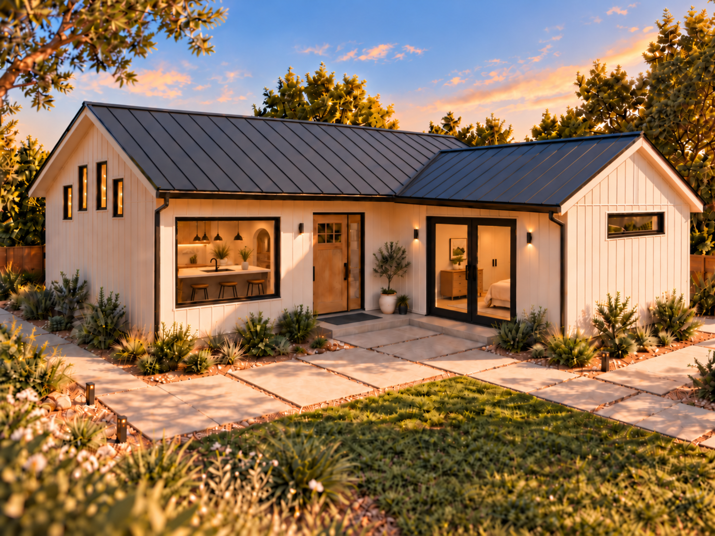 Architectural rendering of a single-story detached accessory dwelling unit with gabled roofs and landscaped courtyard