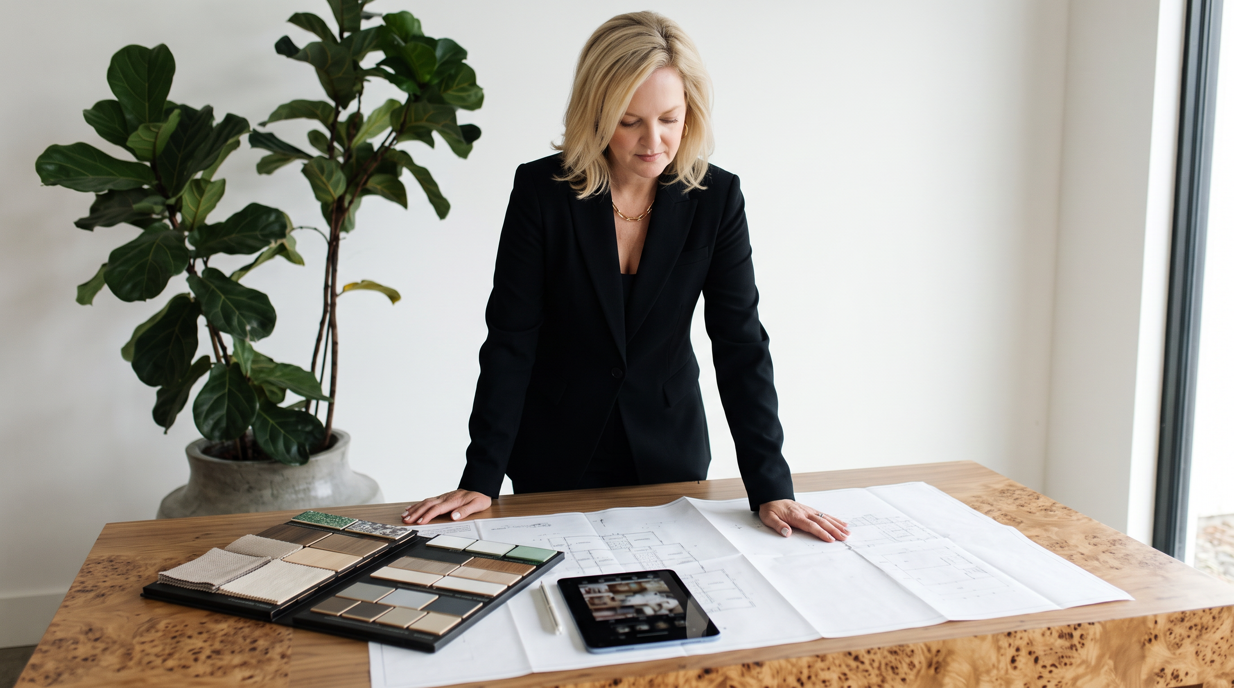 A woman in a black blazer leaning over a wooden table with architectural plans, color sample swatches, and a smartphone, in an office with a potted plant and large window.