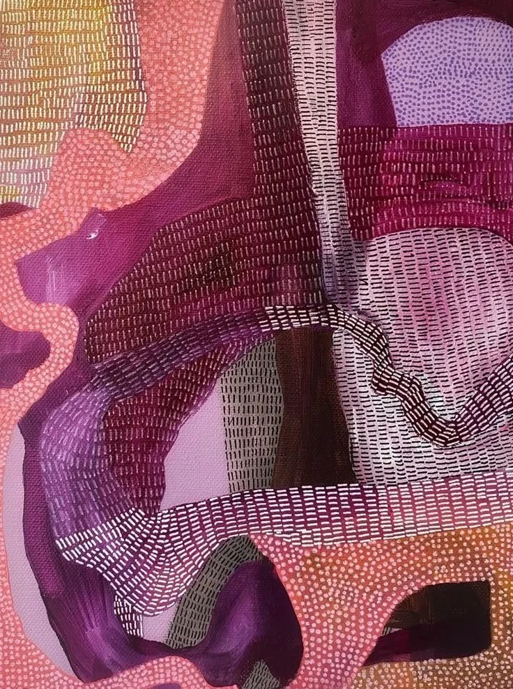 An abstract digital artwork with interconnected organic shapes and patterns in shades of pink, purple, black, and peach, featuring dotted and striped textures.