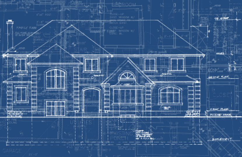 Blueprint drawing of a two-story house with detailed construction measurements and annotations.