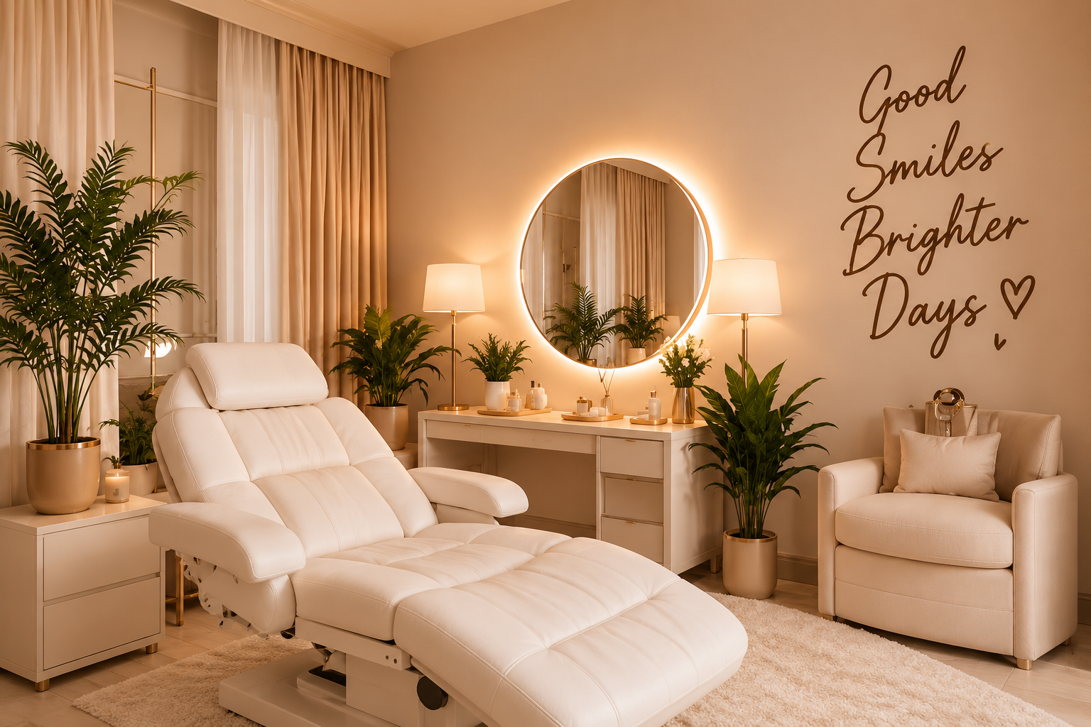 Luxury teeth whitening clinic interior at House of Glow Beauty Co in Ajax, Ontario.