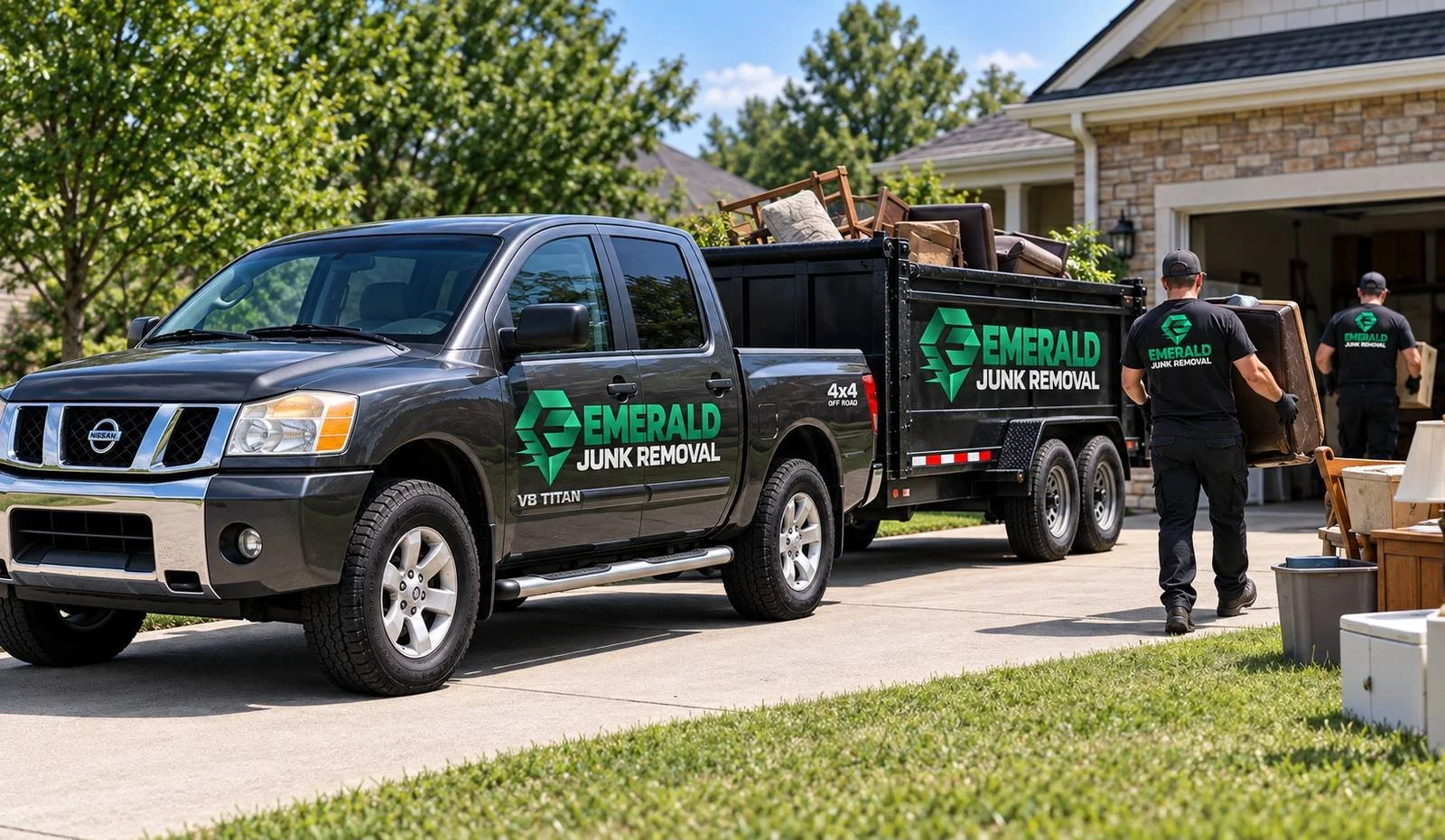 Emerald Junk Removal crew loading furniture into a junk removal trailer at a North Alabama home