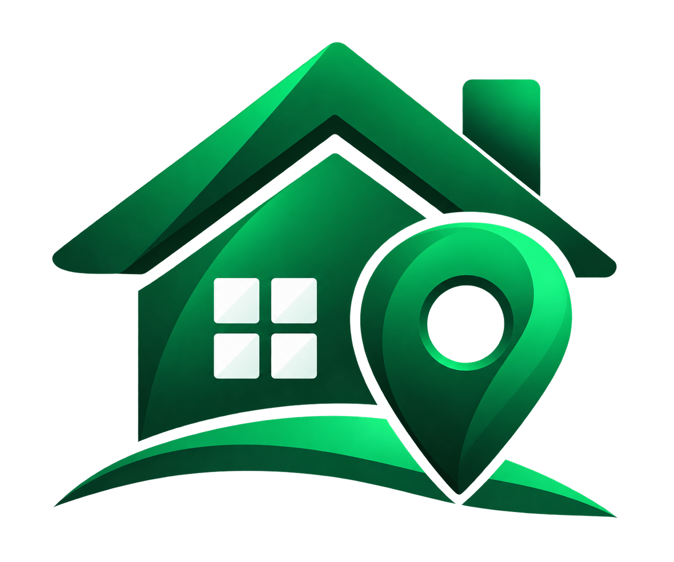 A green icon combining a house and a location pin, symbolizing real estate or home location services.
