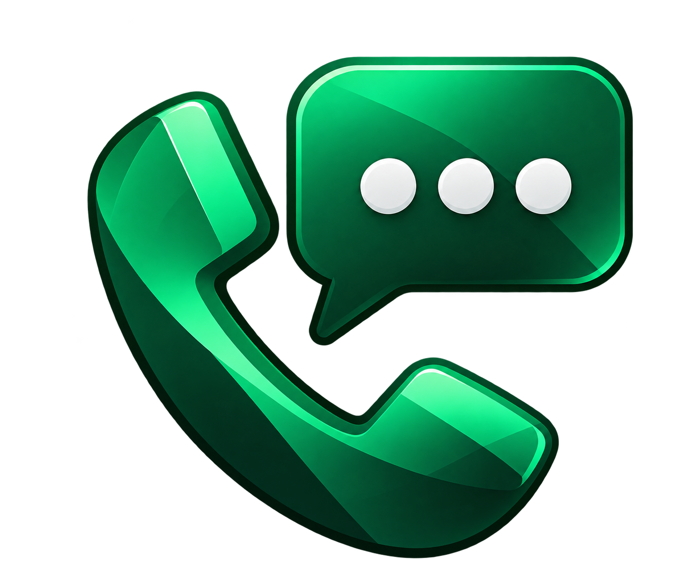Green 3D phone receiver with speech bubble containing three dots, symbolizing 'call' or communication.
