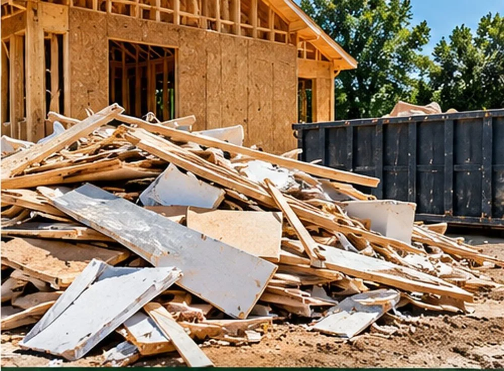 Lumber, drywall and renovation debris ready for construction debris removal