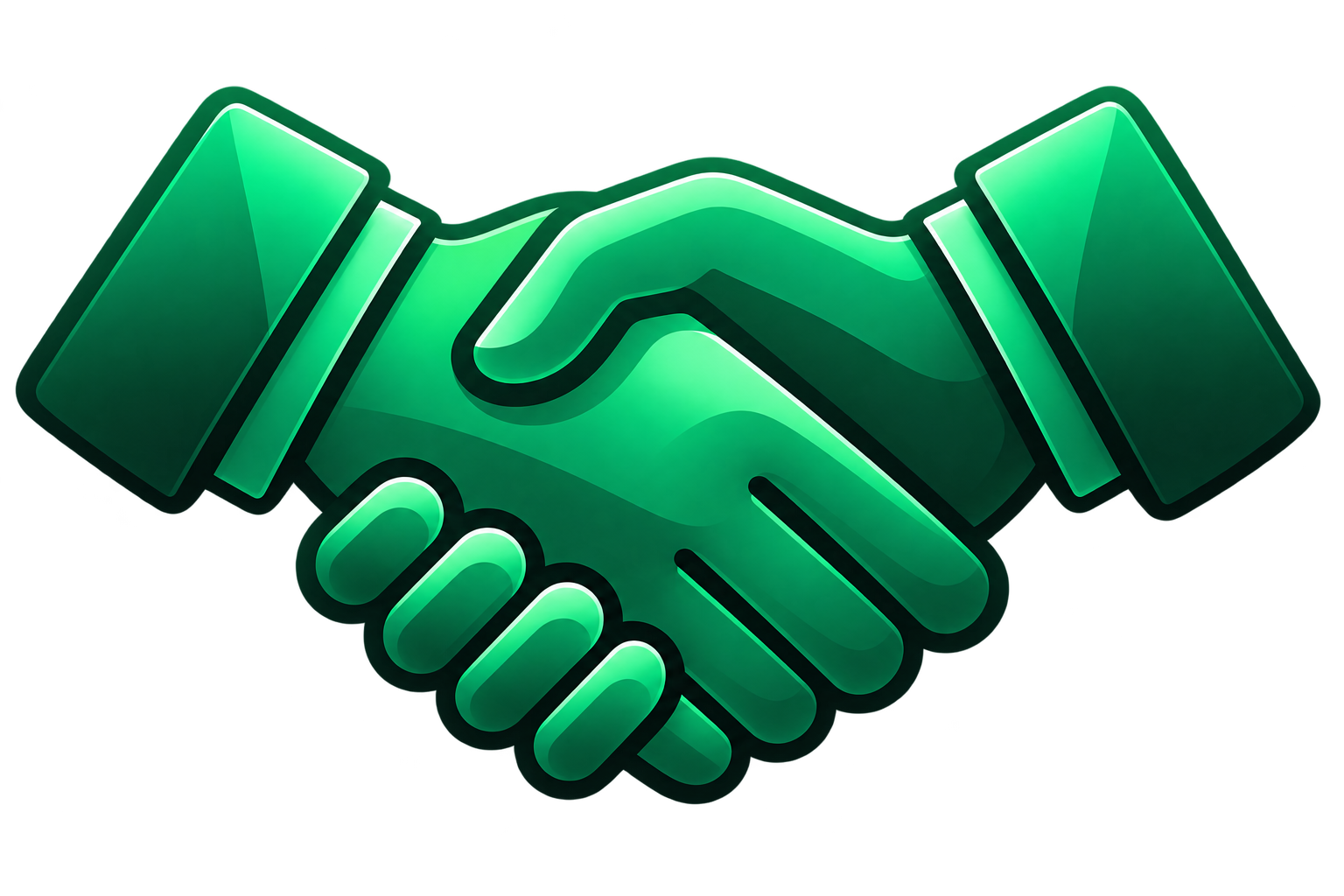 Glowing green neon handshake icon on black background