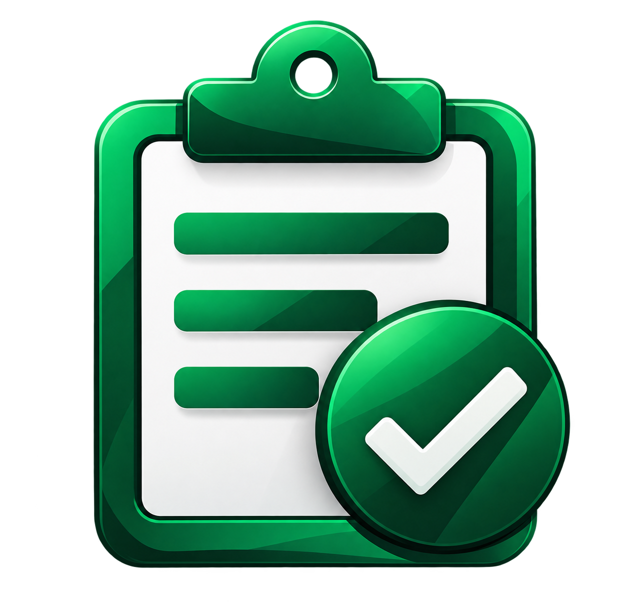 Green clipboard with checkmark icon, representing completed or approved task.