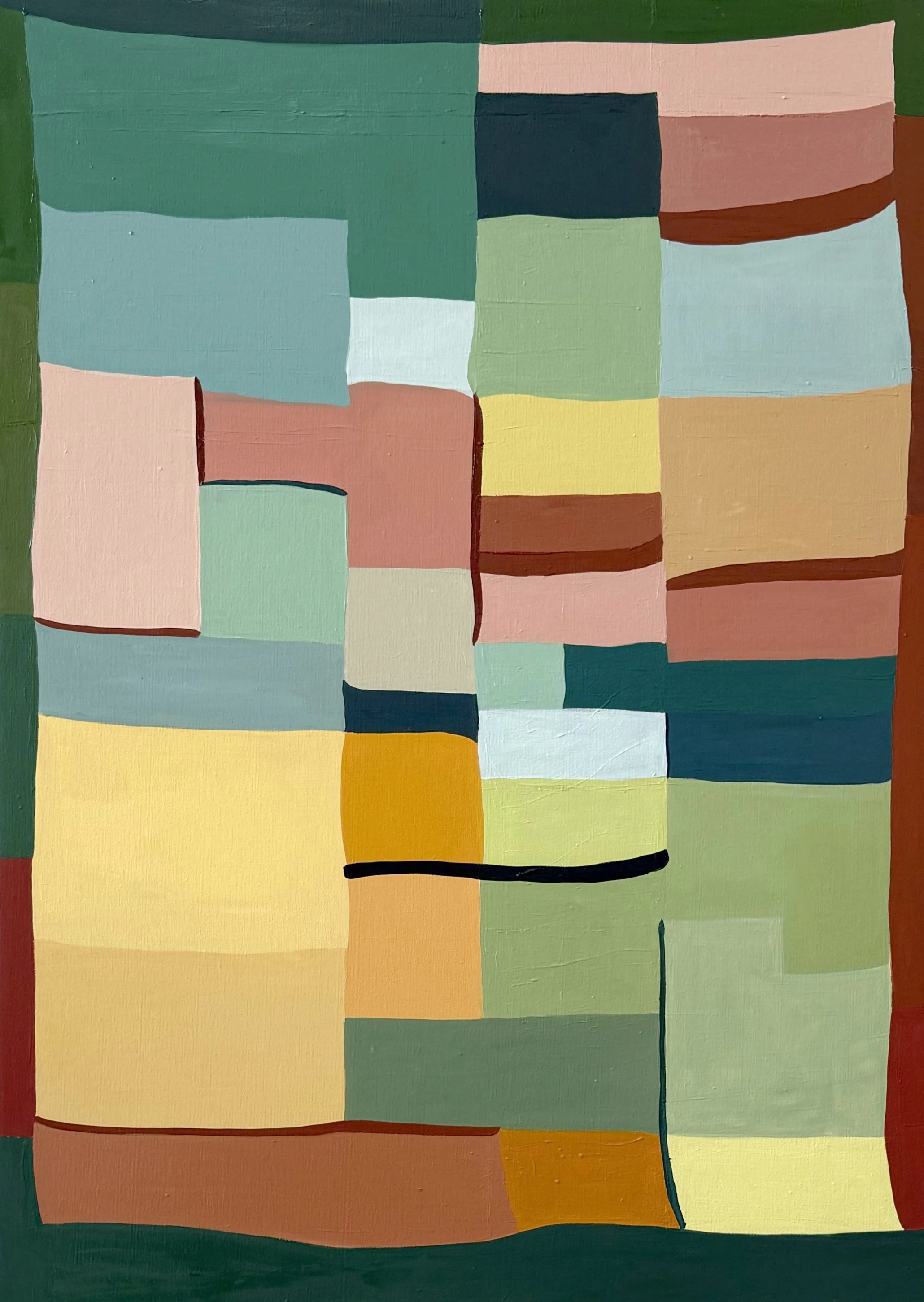 Cuadros abstractos con formas rectangulares en tonos verdes, rosados, amarillos, naranjas, azules y marrones, con líneas negras y sin figuras reconocibles.