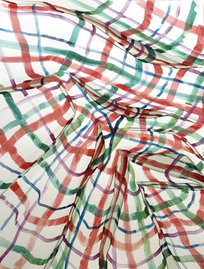 Dibujo abstracto con líneas de colores rojo, verde, azul y púrpura formando patrones en movimiento.